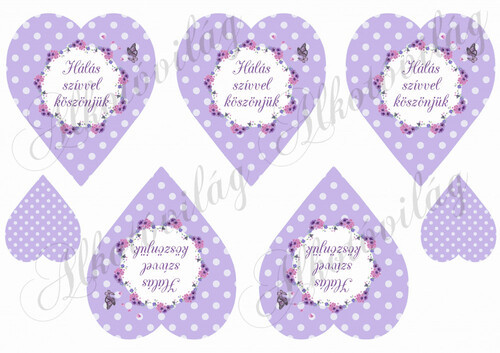 Lila alapon pöttyös szívek koszorúval - HÁLÁS SZÍVVEL KÖSZÖNJÜK felirattal
