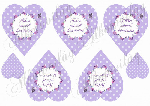 Lila alapon pöttyös szívek koszorúval - HÁLÁS SZÍVVEL KÖSZÖNÖM felirattal