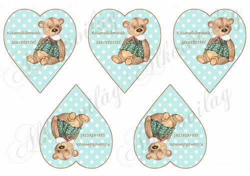 Pöttyös zöld szívek barna kerettel, macival - KISUNOKÁMNAK SZERETETTEL felirattal