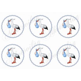 Gólya kisfiúval csavart kék körökben