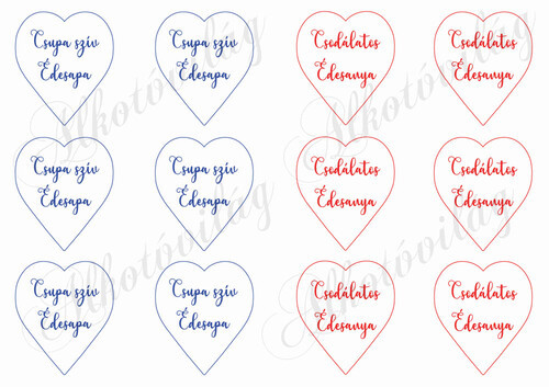 Szívek - 6 cm kék, piros kerettel, Csupa szív Édesapa, Csodálatos Édesanya feliratokkal