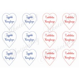   Szívek - 6 cm kék, piros kerettel, Legjobb Keresztapa és Keresztanya feliratokkal