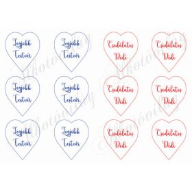   Szívek - 6 cm kék, piros kerettel, Legjobb Testvér, Csodálatos Dédi feliratokkal