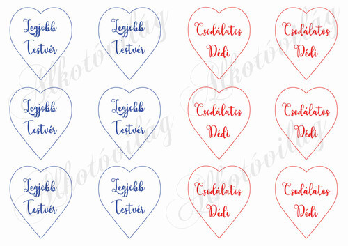 Szívek - 6 cm kék, piros kerettel, Legjobb Testvér, Csodálatos Dédi feliratokkal