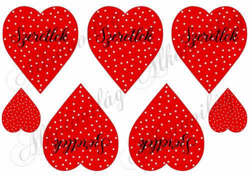 Piros szívek fehér pöttyökkel SZERETLEK felirattal - 10,5x9 cm