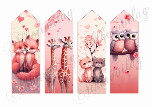 Könyvjelző kisállatokkal- RÓKA, ZSIRÁF, CICA, BAGOLY - VALENTIN NAPRA, ANYÁK NAPJÁRA - 16,5 x 5,5 cm