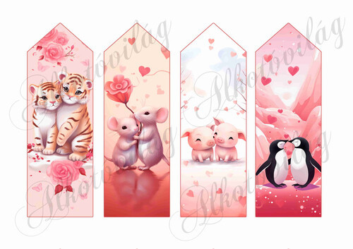 Könyvjelző kisállatokkal- TIGRIS, EGÉRKE, KISMALAC, PINGVIN - VALENTIN NAPRA, ANYÁK NAPJÁRA - 16,5 x 5,5 cm