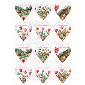    6,5 cm magas szívek csodás tulipánokkal és házikókkal gyapjú utánzatú struktúrával - BOLDOG NÉVNAPOT felirattal