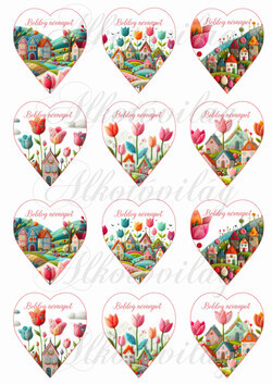  6,5 cm magas szívek csodás tulipánokkal és házikókkal gyapjú utánzatú struktúrával - BOLDOG NÉVNAPOT felirattal