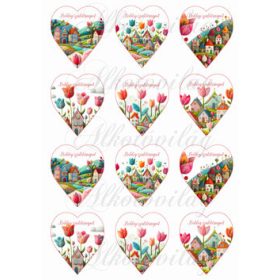    6,5 cm magas szívek csodás tulipánokkal és házikókkal gyapjú utánzatú struktúrával - BOLDOG SZÜLETÉSNAPOT felirattal