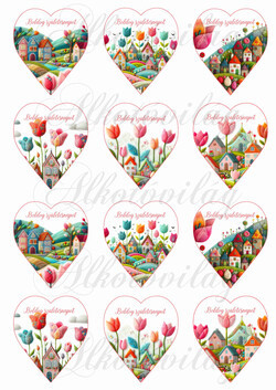  6,5 cm magas szívek csodás tulipánokkal és házikókkal gyapjú utánzatú struktúrával - BOLDOG SZÜLETÉSNAPOT felirattal