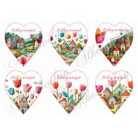    9 cm magas szívek csodás tulipánokkal és házikókkal gyapjú utánzatú struktúrával - BOLDOG NÉVNAPOT felirattal