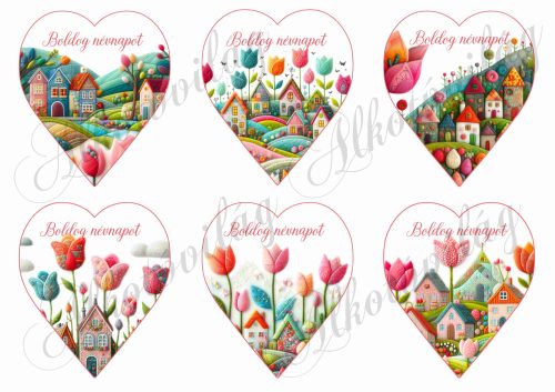 9 cm magas szívek csodás tulipánokkal és házikókkal gyapjú utánzatú struktúrával - BOLDOG NÉVNAPOT felirattal