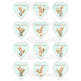   Cuki nyuszik menta árnyalatú pöttyös szíveken BOLDOG NÉVNAPOT felirattal - 6,5 cm