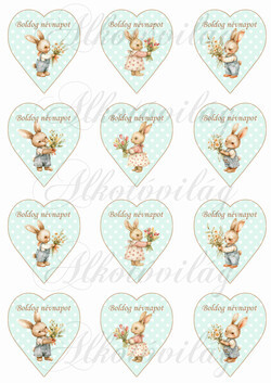 Cuki nyuszik menta árnyalatú pöttyös szíveken BOLDOG NÉVNAPOT felirattal - 6,5 cm