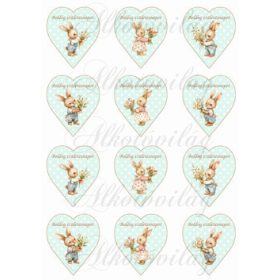   Cuki nyuszik menta árnyalatú pöttyös szíveken BOLDOG SZÜLETÉSNAPOT felirattal - 6,5 cm