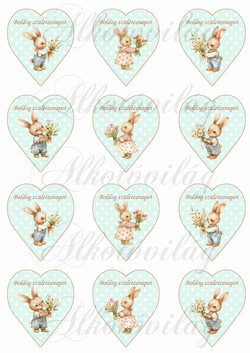 Cuki nyuszik menta árnyalatú pöttyös szíveken BOLDOG SZÜLETÉSNAPOT felirattal - 6,5 cm