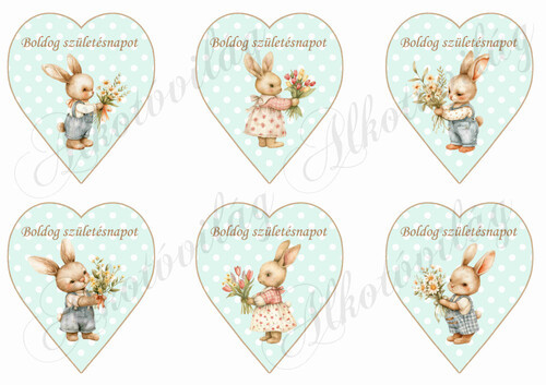 Cuki nyuszik menta árnyalatú pöttyös szíveken BOLDOG SZÜLETÉSNAPOT felirattal - 9 cm