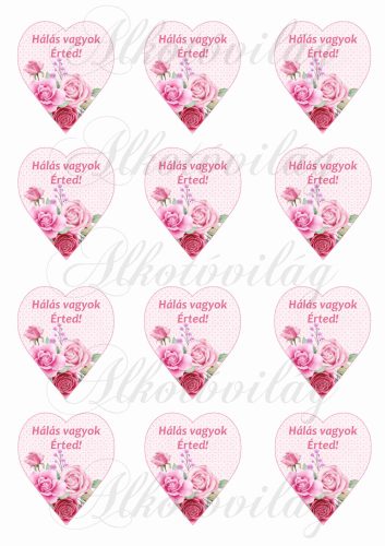 Rózsaszín árnyalatú szívek rózsákkal - 6 cm magas - HÁLÁS VAGYOK ÉRTED