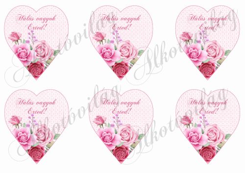 Rózsaszín árnyalatú szívek rózsákkal - 9 cm magas - HÁLÁS VAGYOK ÉRTED felirattal