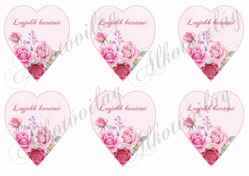 Rózsaszín árnyalatú szívek rózsákkal - 9 cm magas - LEGJOBB BARÁTNŐ felirattal