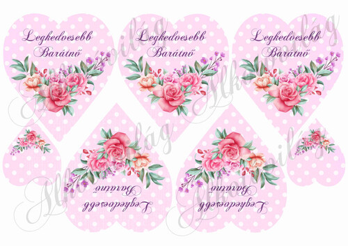Rózsás szívek pöttyös alapon - LEGKEDVESEBB BARÁTNŐ felirattal - 12,5 x 11 cm