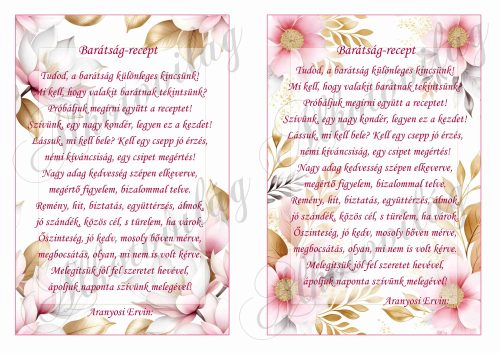 Barátság recept képeken, rózsaszín virágokkal - 15 x 22,5 cm