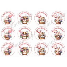   Cuki állatkák lufikkal - BOLDOG NÉVNAPOT felirattal 6 cm-es körökben