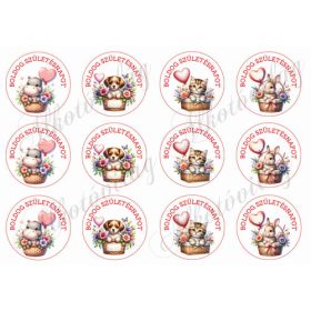   Cuki állatkák lufikkal - BOLDOG SZÜLETÉSNAPOT felirattal 6 cm-es körökben