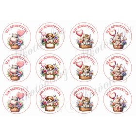   Cuki állatkák lufikkal - SOK SZERETETTEL felirattal 6 cm-es körökben