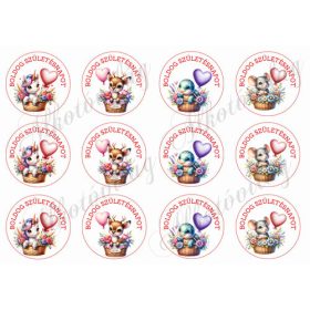   Cuki állatkák lufikkal 2 - BOLDOG SZÜLETÉSNAPOT felirattal 6 cm-es körökben