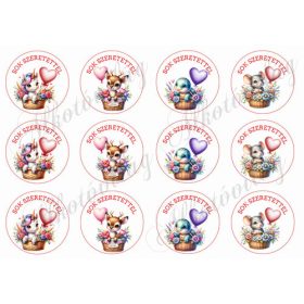   Cuki állatkák lufikkal 2 - SOK SZERETETTEL felirattal 6 cm-es körökben