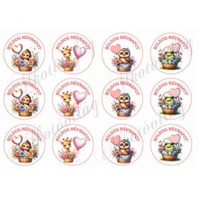   Cuki állatkák lufikkal 3 - BOLDOG NÉVNAPOT felirattal 6 cm-es körökben