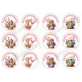   Cuki állatkák lufikkal 3 - BOLDOG SZÜLETÉSNAPOT felirattal 6 cm-es körökben