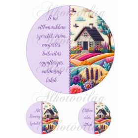   Feliratos kör virágos patchwork  jellegű mintával házikóval - 19 cm és 7-7 cm