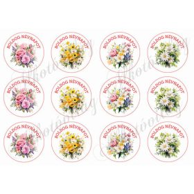   Gyönyörű virágcsokrok - BOLDOG NÉVNAPOT felirattal 6 cm-es körökben