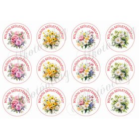   Gyönyörű virágcsokrok - BOLDOG SZÜLETÉSNAPOT felirattal 6 cm-es körökben