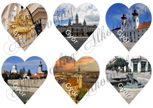 Szívek GYŐR nevezetességeivel és felirattal- 9 cm magas