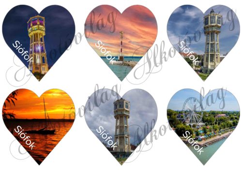 Szívek SIÓFOK nevezetességeivel és felirattal - 9 cm magas