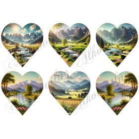   9 cm magas szívek csodás tájakkal, hegyekkel, patakokkal, virágokkal