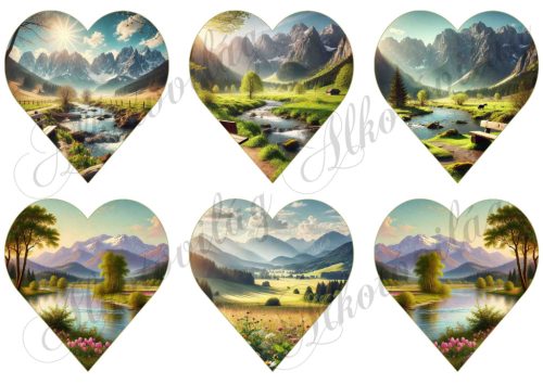 9 cm magas szívek csodás tájakkal, hegyekkel, patakokkal, virágokkal