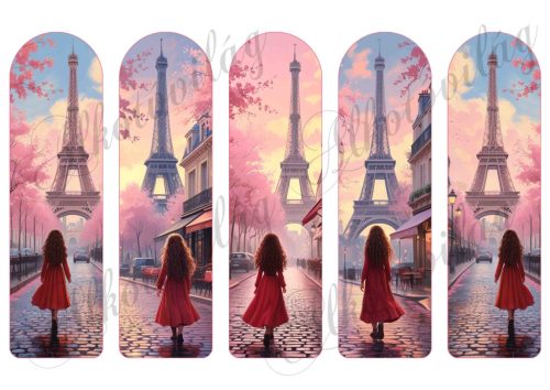 Íves könyvjelzők Eiffel toronnyal, lánnyal pink árnyalatban 17 X 5 cm