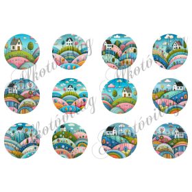 Vidám táj dombokkal, házikókkal 6 cm-es körökben