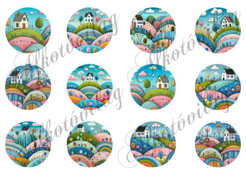 Vidám táj dombokkal, házikókkal 6 cm-es körökben