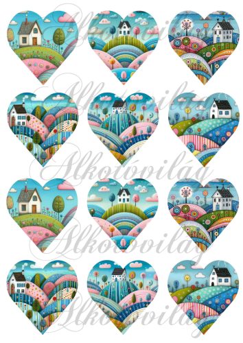 Vidám táj dombokkal, házikókkal 6,5 cm magas szíveken