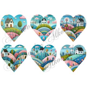 Vidám táj dombokkal, házikókkal 9 cm magas szíveken