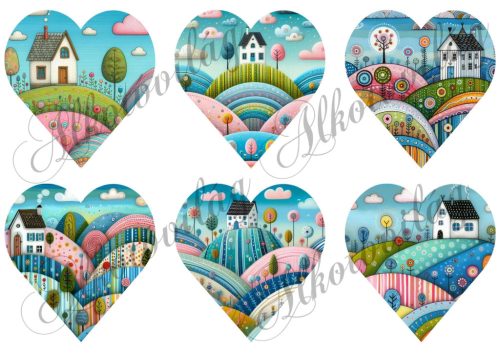 Vidám táj dombokkal, házikókkal 9 cm magas szíveken