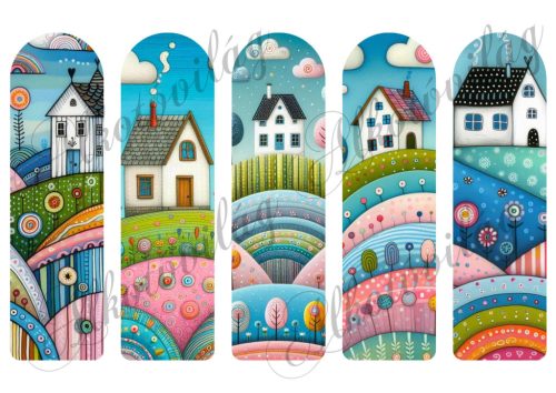 Vidám tájak dombokkal, házikókkal könyvjelzőkön 17,5 x 5 cm