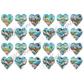 Vidám táj dombokkal, házikókkal 4,5 cm magas szíveken