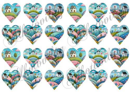 Vidám táj dombokkal, házikókkal 4,5 cm magas szíveken